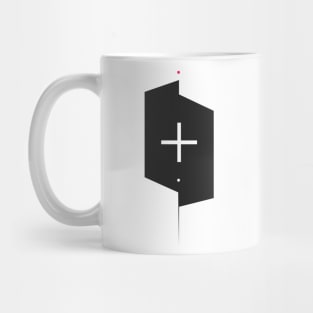 Geometric black shape with a cross and colored dots. Mug